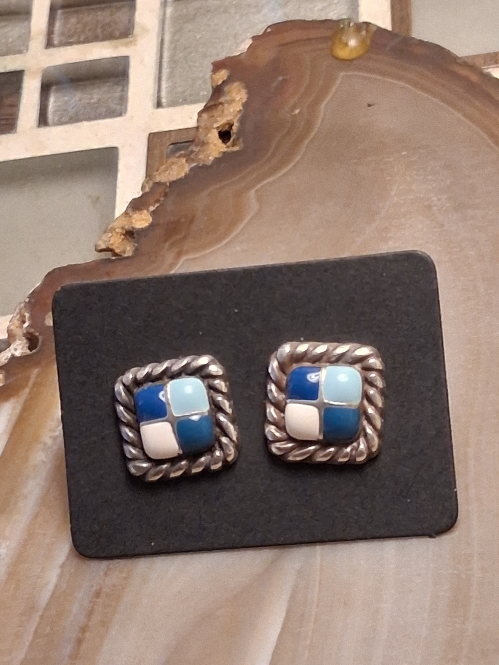 Blue & White Checkerboard Rope-Edge Stud Earrings
